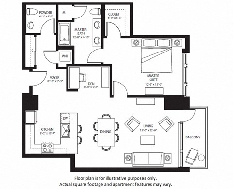 Floor plan for 1 bed, 1.5 baths, 1101 sqft